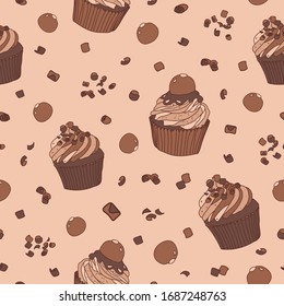Sweet vector repeat pattern with chocolate cupcakes, pralines and chocolate shavings.
