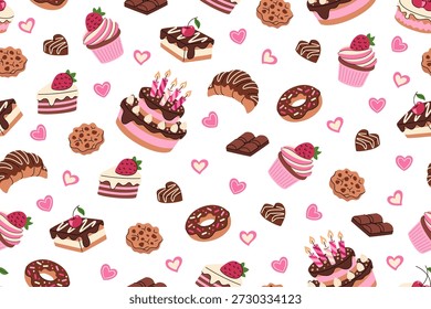 Sweet vector seamless pattern featuring baked goods and desserts. Cakes, donuts, pastries, cookies, and chocolate. Repeatable background for fabric, textiles, wrapping paper, and more.