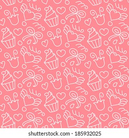 Sweet vector seamless pattern with hearts, cupcakes, flowers, bows. Cute girlish   hand drawn background. Endless texture gentle color, can be used for wallpaper, website background, textile printing.