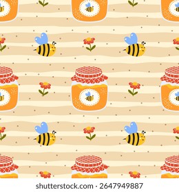 Sweet vector seamless pattern with natural honey jars, bee, flower. Perfect for food packaging, cozy kitchen textiles, wrapping paper, and autumn designs.