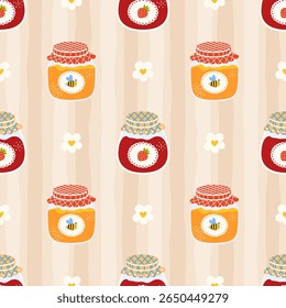 Sweet vector seamless pattern with natural jam jars, honey jars. Perfect for food packaging, cozy kitchen textiles, wrapping paper, and autumn designs.