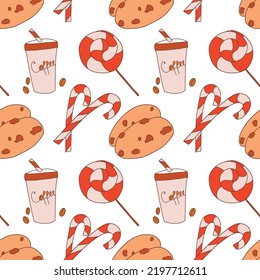 sweet vector seamless pattern. sweets packaging design for coffee shop, bakery. pattern: lollipop, coffee, cookies, candy canes. autumn, new year, brown tones