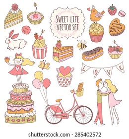 Sweet vector set in awesome colors. Cakes, tasty cupcakes, eclair, with chocolate and berries in stylish vintage style. Lovely vector card with couple of lovers, birds, rabbit and hipster bicycle