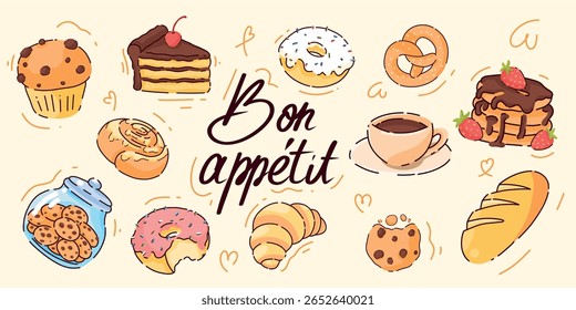 Sweet vector sticker set with cookies, coffee, croissants, pretzels and more. Includes 'Bon Appétit' text. Perfect for foodies, planners, digital projects. Flat cartoon style.