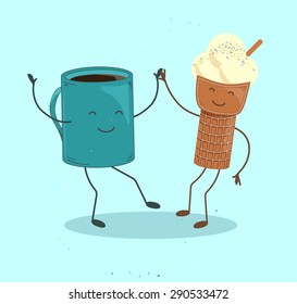 Sweet vector textured illustration of cup of coffee with an ice-cream