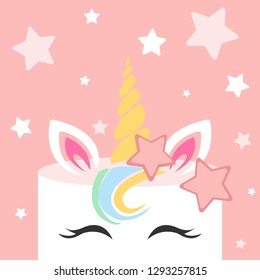 Sweet vector unicorn cake, decorated with white and pink stars. Beautiful design idea for a girls' birthday party invitations or greeting cards. Fabulous illustration in pastel colors. Magical unicorn