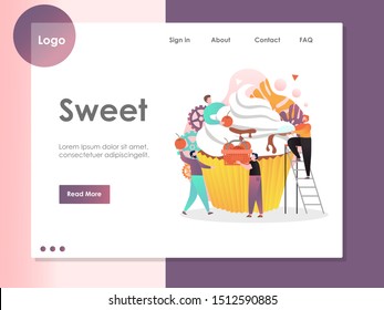 Sweet vector website template, web page and landing page design for website and mobile site development. Sweets production concept with people decorating tasty cherry cupcake.