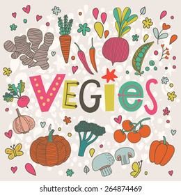 Sweet vegies concept background in vector. Tasty ginger, carrot, pepper, chili, beet, peas, garlic, pumpkin, broccoli, mushroom, bell pepper and tomato  in funny cartoon style
