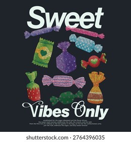 Sweet Vibes Only Assorted Candy Collection Illustration with Retro Stipple Dotted Effect, Vintage Wrapped Sweets Vector Graphic with Grainy Shading for Apparel and Confectionery Branding