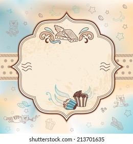 Sweet vintage card | Vector card for greeting, wedding, birthday invitation with cupcakes and chocolate cats