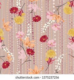 Sweet vintage  Hand drawing colorful florals seamless pattern vector on and polkadots line garden mood stylish for fashion ,fabric,web,wallpaper and all prints on vintage pink background color