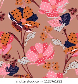 Sweet vintage Meadow and wild flowers made with polka dots fill-in seamless vector pattern modern style for fashion,fabric,wallpaper, and all prints on brown background