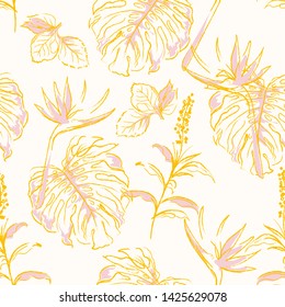 Sweet vintage Modern seamless pattern exotic forest in vector with palm leaves and hand drawn doodle brushed line. Vector illustration.  Abstract design for fashion,fabric,web,wallpaper and all prints