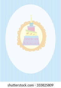 Sweet vintage postcard with tiered cake on a blue striped background.