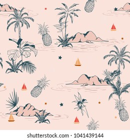 Sweet vintage summer island tropical seamless pattern on pink background for fashion fabric and all prints,wallpaper Sweet vintage summer island tropical seamless pattern on pink background for fashion fabric and all prints,wallpaper