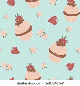 Sweet vintage vector repeat pattern with cupcakes, strawberries and small roses on light blue background.