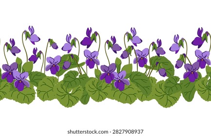 Sweet violet horizontal border. Vector seamless pattern. Plant, leaves, and purple flowers. Bush with blooming Viola odorata. Cosmetic, perfume, and medicinal plants. Hand drawn violet Pansy.