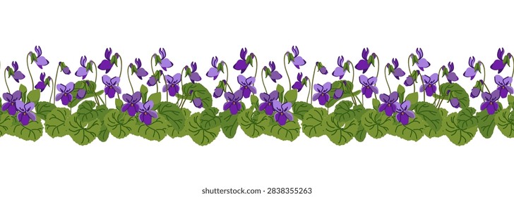 Sweet violet seamless pattern. Vector horizontal border. Plant, leaves, and purple flowers. Bush with blooming Viola odorata. Cosmetic, perfume, and medicinal plants. Hand drawn violet Pansy.