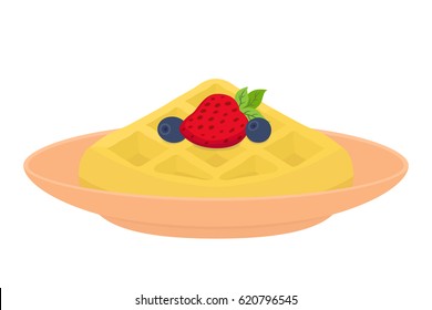 Sweet waffle with berries for breakfast. Strawberry, blueberry on plate. Made in cartoon flat style. Restaurant meal with maple syrup.