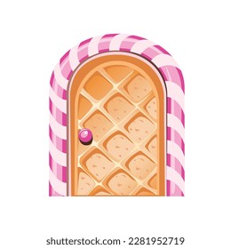 Sweet waffle door with candy edging. The door to candy land. Delicious dessert. Vector illustration isolated on white background.