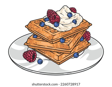 Sweet waffles colorful vintage label with traditional Belgian breakfast in bowl topped with whipped cream and fresh berries vector illustration