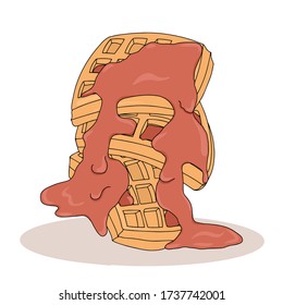 Dulces gofres con dibujos animados del vector del jarabe rojo. Desayuno delicioso concepto de gofres dibujados a mano en Bélgica. El concepto de postre colorido y luminoso para el restaurante, la cafetería, el diseño web.
