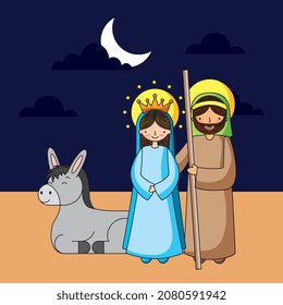 sweet wait of baby jesus with saint joseph and holy mary with donkey . vector illustration . vector illustration