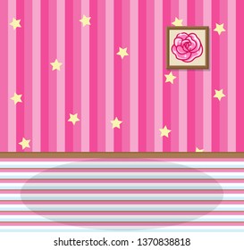 Sweet wallpaper room design interior color pink with star and photo frame. Princess surface for decoration. Backdrop for cafe, nursery. Illustration