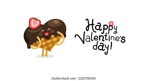 Sweet Waref with Happy Valentines Day Lettering. Cartoon character for romantic food project.