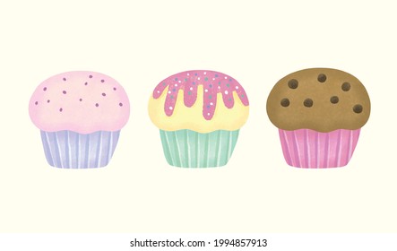 Sweet watercolor cupcakes with 3 flavor, strawberry, vanilla, and chocolate. Hand draw in cartoon style.