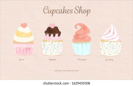 sweet watercolor cupcakes put on pink pastel background.menu for bakery lover and cafe shop.vanilla chocolate passion fruit muffin flavour.cute design for food delicious shop.yummy snack dessert. 