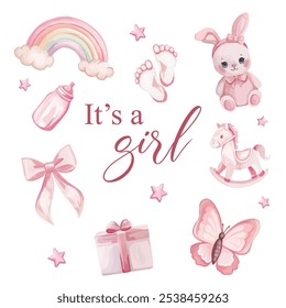 Sweet watercolor elements in pink for baby girls, perfect for greeting cards and baby shower invitations. Celebrate with adorable designs that say "It's a girl!"