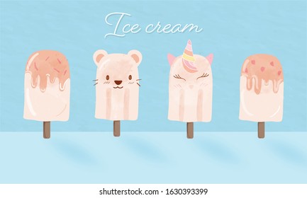 sweet watercolor ice cream cute face put on blue pastel paper background.chocolate teddy bear and unicorn decorate on stick popsicle.cold dessert cafe design for lovely shop.adorable food style.