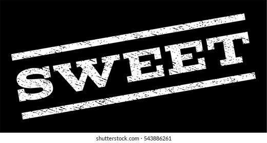 Sweet watermark stamp. Text tag between parallel lines with grunge design style. Rubber seal stamp with unclean texture. Vector white color ink imprint on a black background.