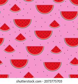 Sweet watermelon on a pink background with black seed. Summer background. Bright print on the fabric.