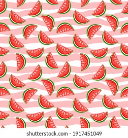 Sweet watermelon on stripes background. Summer seamless pattern.