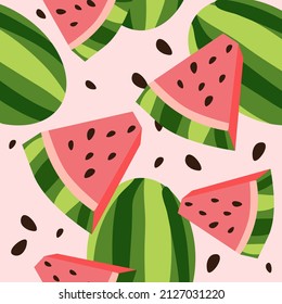 Sweet watermelon seamless pattern. Stylish image for design of gift paper. Summer and natural organic products. Harvest, vitamins and fruits. Picture for bed linen. Cartoon flat vector illustration