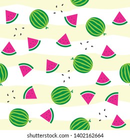 sweet watermelon with seeds and sliced pieces seamless pattern on light background with white and yellow stripes. ufo green and plastic pink colors. summer fresh juicy bright watermelon pattern