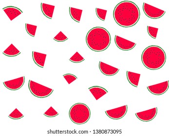 Sweet watermelon slice vector print illustration. Natural food element for summer diet. Cartoon red and green water melon fruit. Vector dessert nutrition watermelon berry.