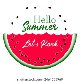 Sweet watermelon slice vector print illustration. Hello Summer with black seeds of watermelon berry jumping like fishes out of water. Let's rock fish summer abstract concept combined with melon.