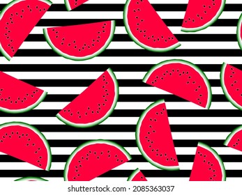 Sweet watermelon slice vector seamless pattern print illustration. Natural food summer diet element. Minimal red green water melon fruit. Vector dessert nutrition watermelon berry on black stripes.