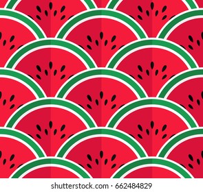 Sweet watermelon slices seamless pattern.  Japanese half-circle style. Healthy diet concept fruit print. Fruity fish scale print. Vector illustration.