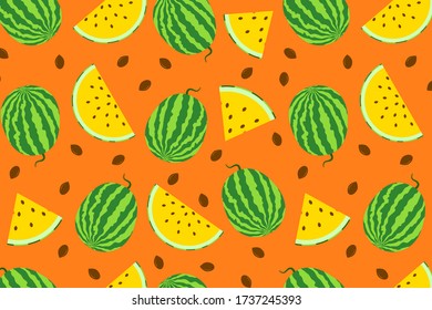 Sweet watermelon vector seamless pattern. Summer organic pattern for fabric, textile, wallpaper, calendar and decoration design. Vegetarian healthy food illustration