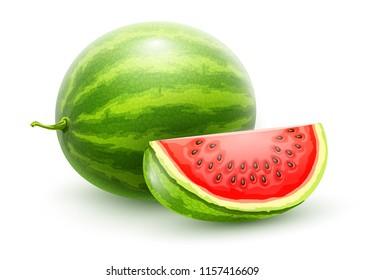 Sweet watermelon. Whole fresh ripe sweet fruit with sliced juicy piece of cut. Watermelon realistic fruits, isolated on white background. EPS10 vector illustration.