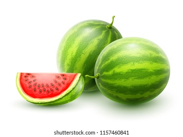 Sweet watermelons. Whole fresh ripe sweet fruit with sliced juicy piece of cut. Watermelon realistic fruits, isolated on white background. EPS10 vector illustration.