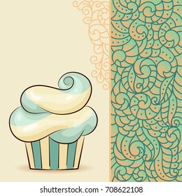 Sweet waved cupcake with cream on card with doodle boho pattern. Ideal for posters, advertisements, announcements, labels, banner, menu for cafe and restaurants. Vector illustration