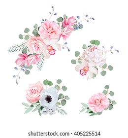 Sweet wedding bouquets of rose, peony, orchid, anemone, camellia, blue berries and eucalyptus leaves. Vector design elements.
