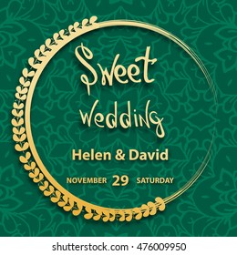 Sweet wedding  card. on decorated mandala and wreath  background.  template , gift certificate, party invitation, congratulation. save the date