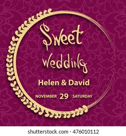 Sweet wedding  card. on decorated mandala and wreath  background.  template , gift certificate, party invitation, congratulation. save the date