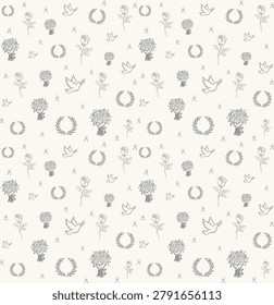 Sweet wedding memories seamless pattern with romantic hand drawn doves, rose flowers, and bridal bouquets. Elegant fine line marriage background on cream.